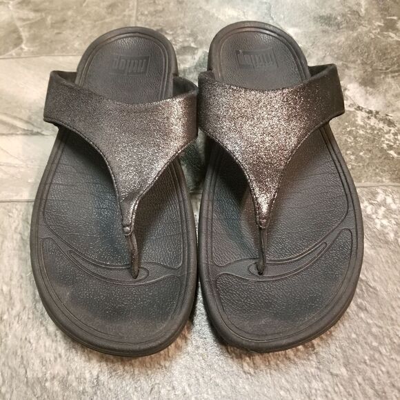 Fitflop Lulu Shimmer Black Silver Microwobbleboard Wedge Thong Sandals Woman's 8 - Picture 2 of 10